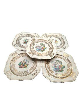 Vintage Homer Laughlin Georgian Plates Set Of 5 With Gold Trim & Romantic Design